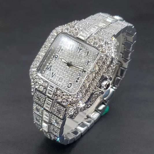 Hip Hop Iced-Out Watch For Men Fashion Date Styling Water Resistant Quartz Wristwatch With Stainless Steel Band, Luxury Jewelry Watch 202