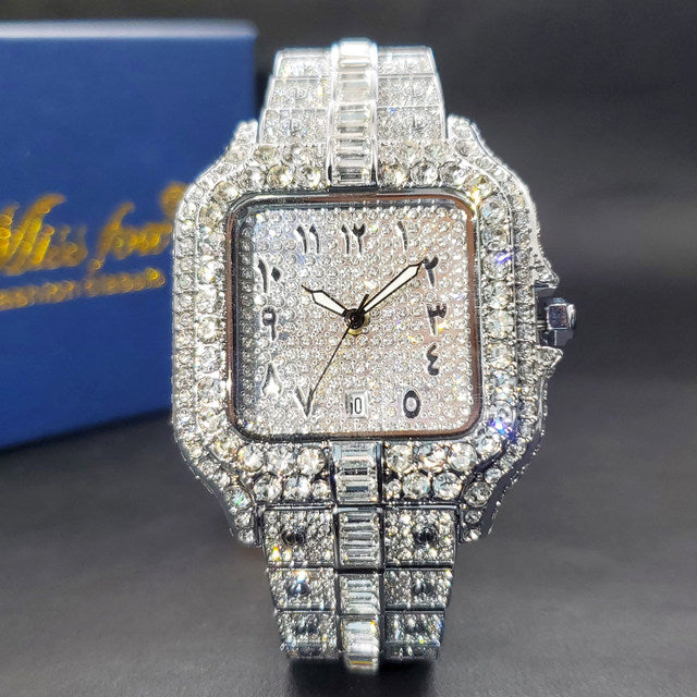 Hip Hop Iced-Out Watch For Men Fashion Date Styling Water Resistant Quartz Wristwatch With Stainless Steel Band, Luxury Jewelry Watch 202