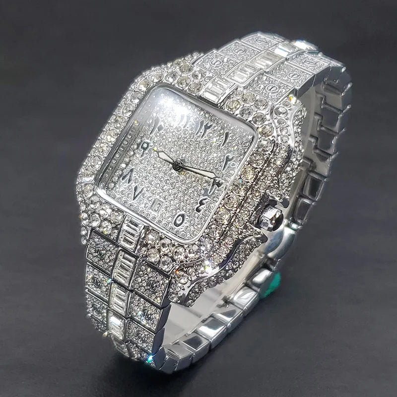 Hip Hop Iced-Out Watch For Men Fashion Date Styling Water Resistant Quartz Wristwatch With Stainless Steel Band, Luxury Jewelry Watch 202